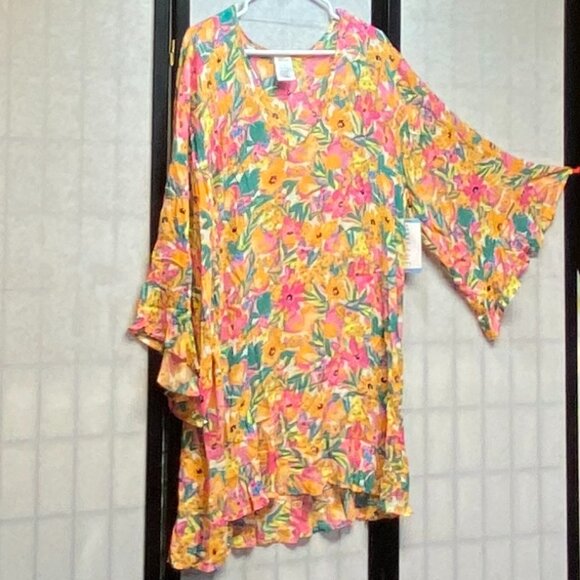Anne Cole Ruffle Bell Sleeve V Neck Sheer Crinkle Bright Floral Tunic Dress NEW - Picture 3 of 13